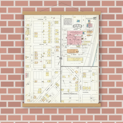 Old map wall art mockup — magnetic wood frame on brick wall — Sanborn Fire Insurance Map from Connellsville, Fayette County, Pennsylvania (1914), Sheet #0027
