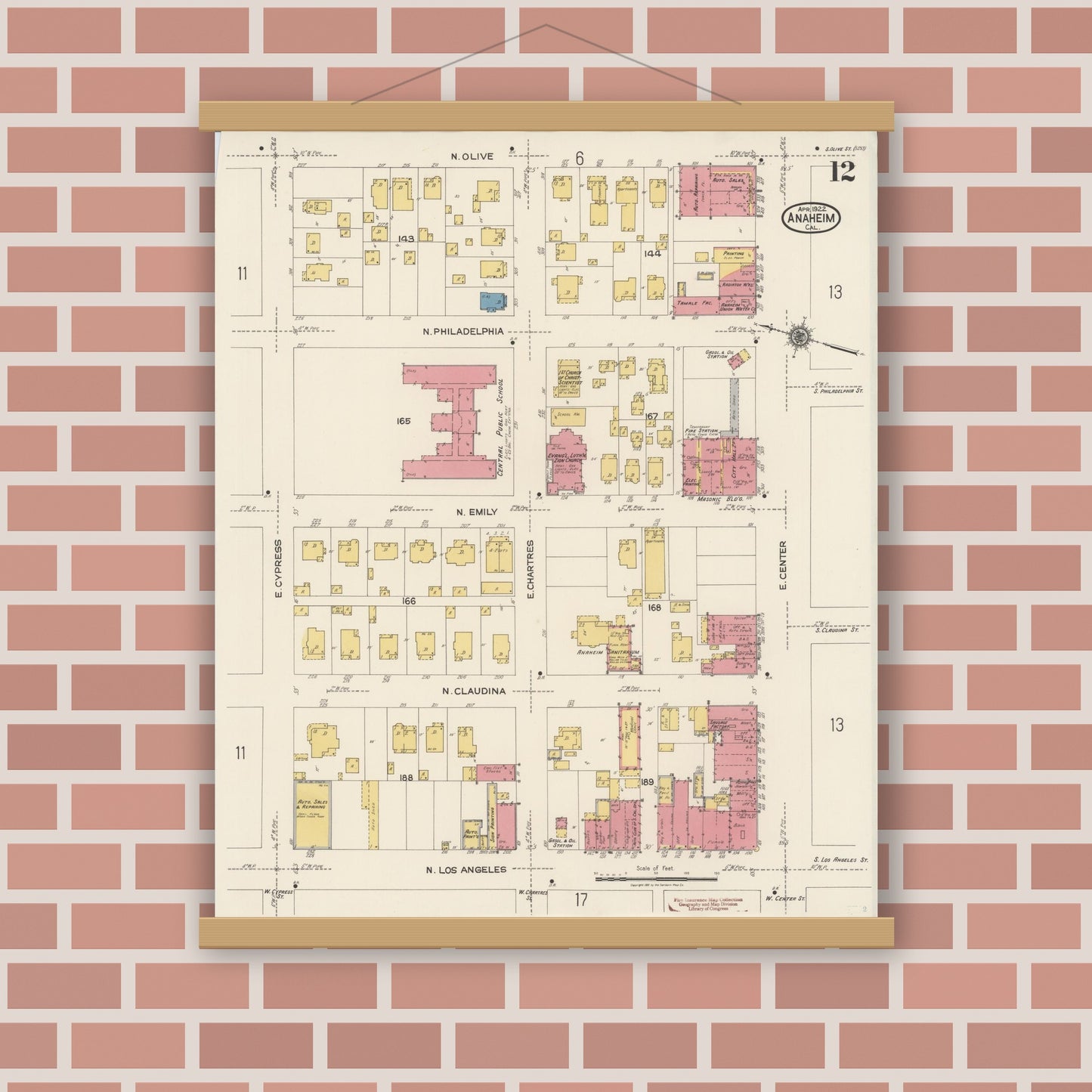 Old map wall art mockup — magnetic wood frame on brick wall — Sanborn Fire Insurance Map from Anaheim, Orange County, California (1922), Sheet #0012
