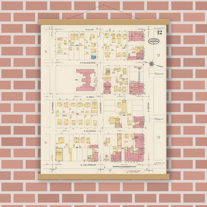 Old map wall art mockup — magnetic wood frame on brick wall — Sanborn Fire Insurance Map from Anaheim, Orange County, California (1922), Sheet #0012