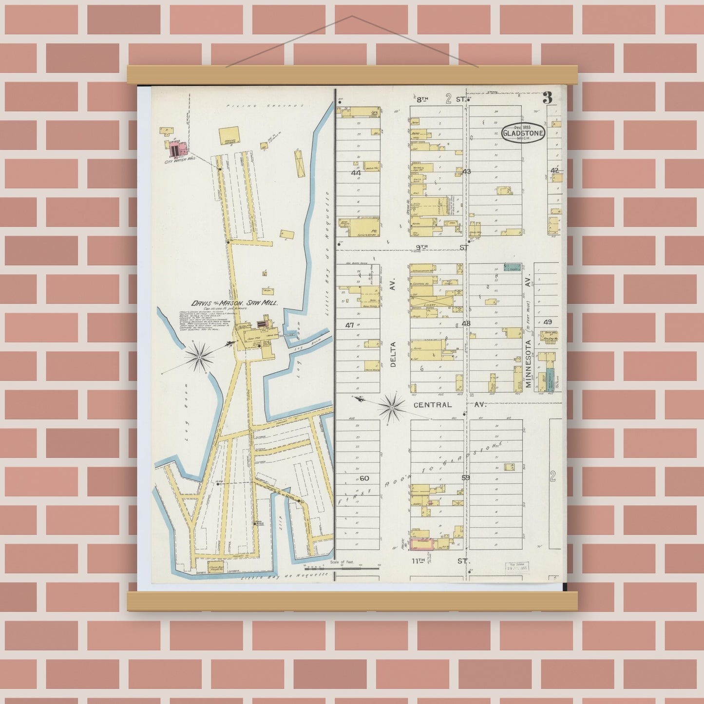 Old map wall art mockup — magnetic wood frame on brick wall — Sanborn Fire Insurance Map from Gladstone, Delta County, Michigan (1893), Sheet #0003