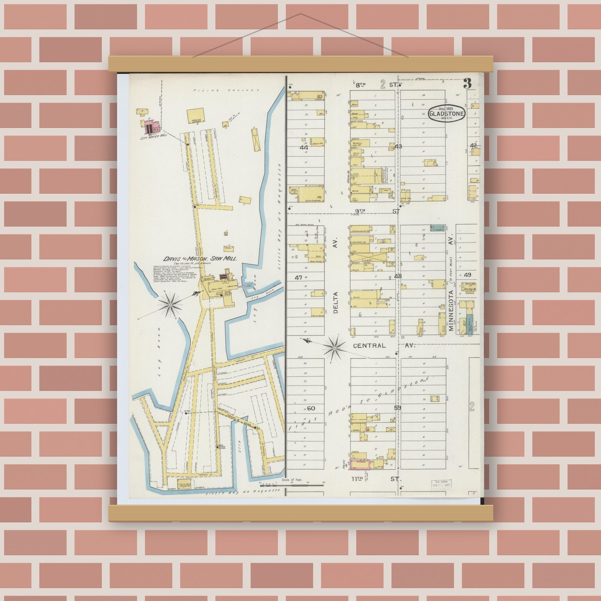 Old map wall art mockup — magnetic wood frame on brick wall — Sanborn Fire Insurance Map from Gladstone, Delta County, Michigan (1893), Sheet #0003