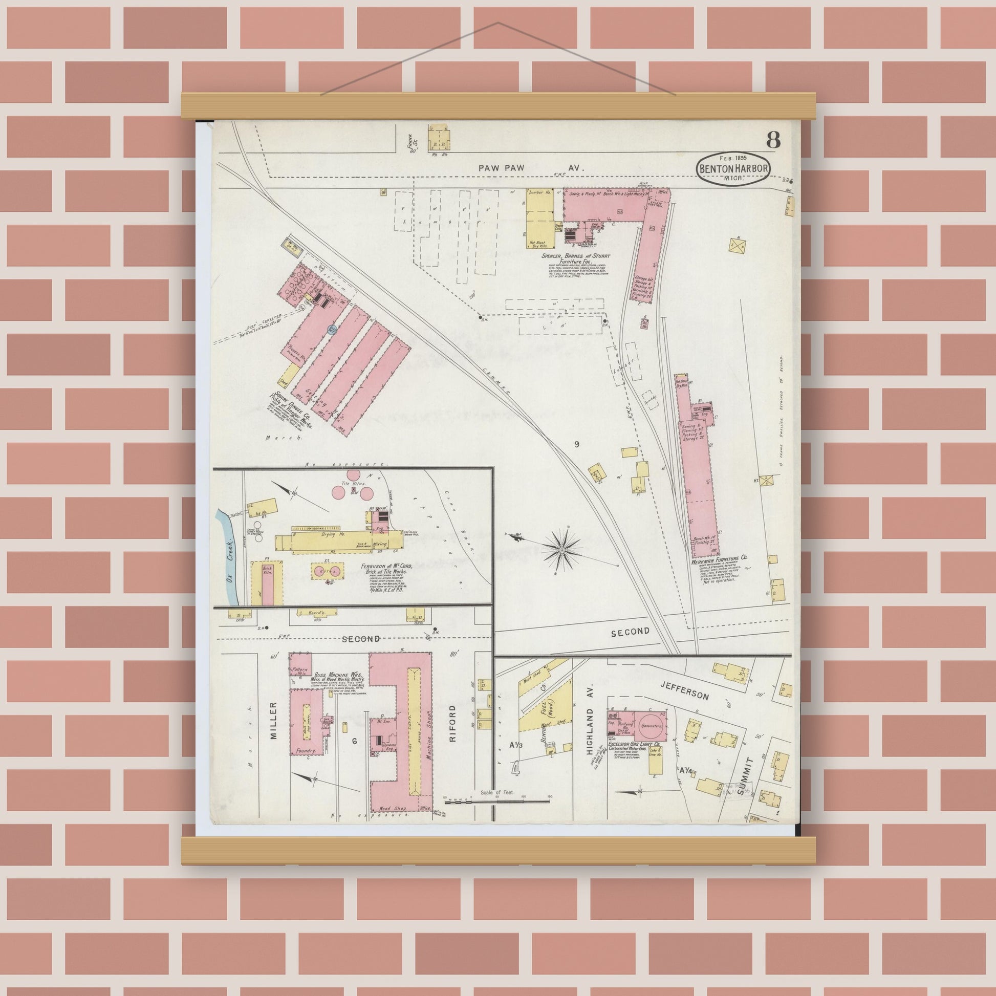 Old map wall art mockup — magnetic wood frame on brick wall — Sanborn Fire Insurance Map from Benton Harbor, Berrien County, Michigan (1895), Sheet #0008