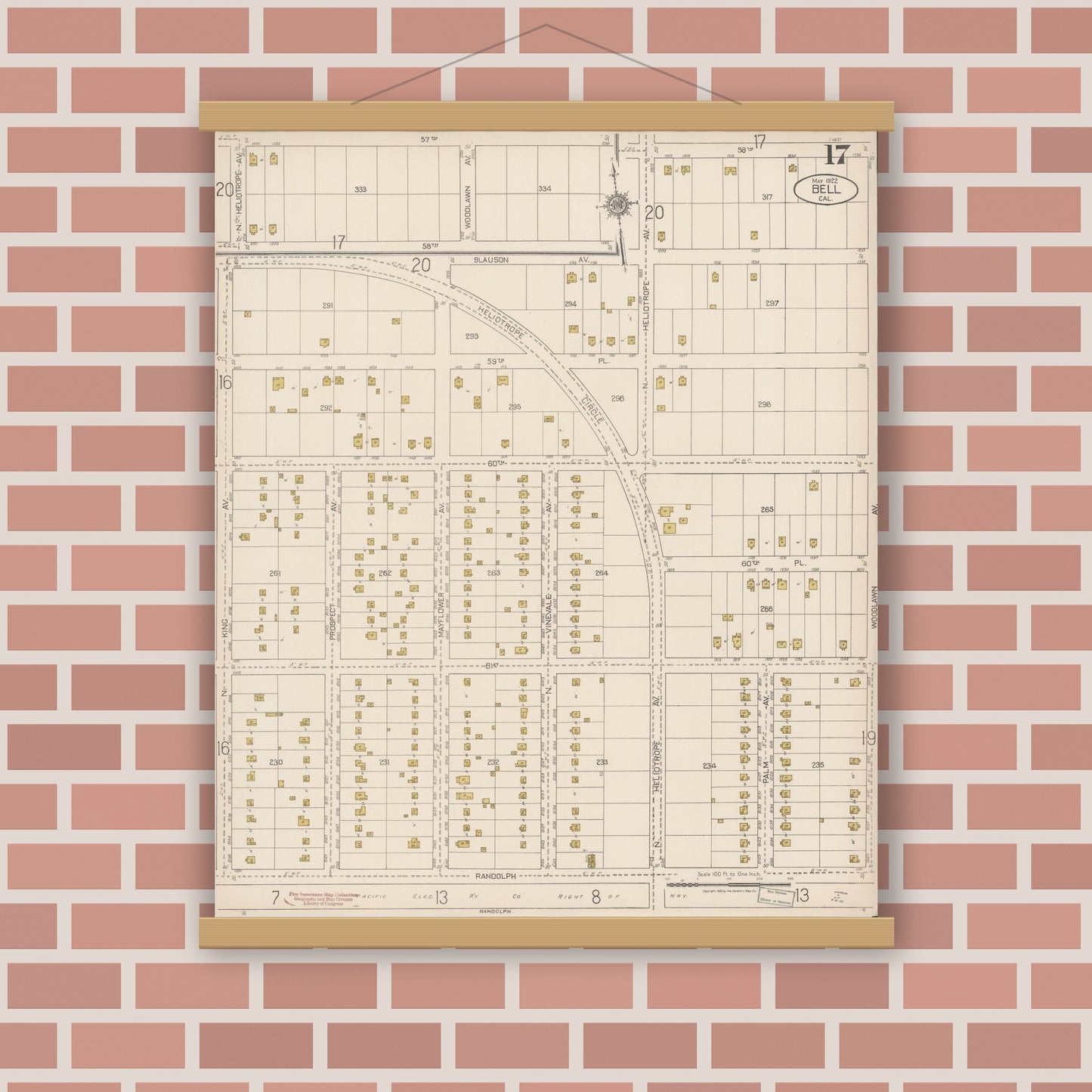 Old map wall art mockup — magnetic wood frame on brick wall — Sanborn Fire Insurance Map from Bell, Los Angeles County, California (1922), Sheet #0017