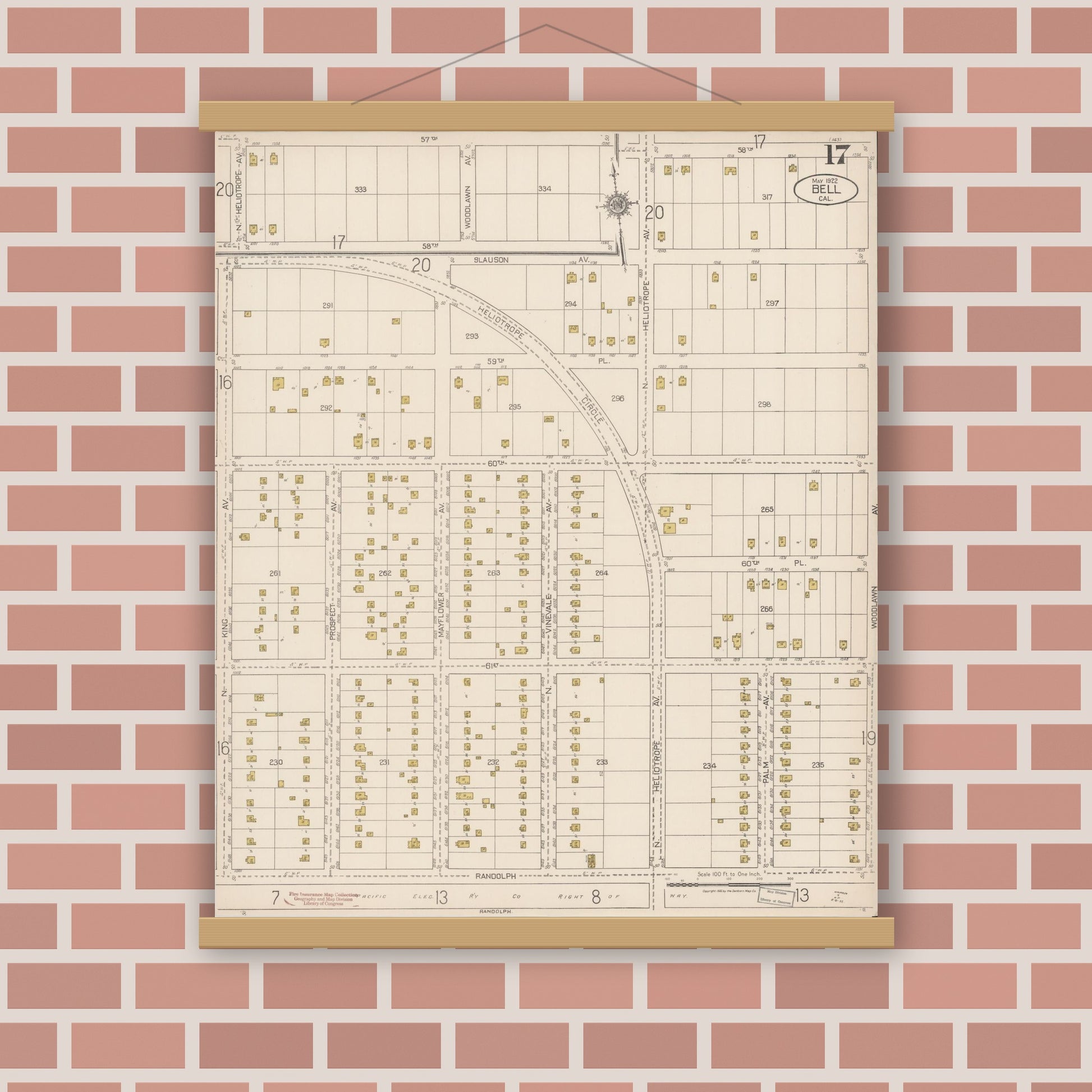 Old map wall art mockup — magnetic wood frame on brick wall — Sanborn Fire Insurance Map from Bell, Los Angeles County, California (1922), Sheet #0017