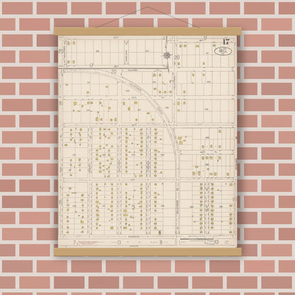 Old map wall art mockup — magnetic wood frame on brick wall — Sanborn Fire Insurance Map from Bell, Los Angeles County, California (1922), Sheet #0017
