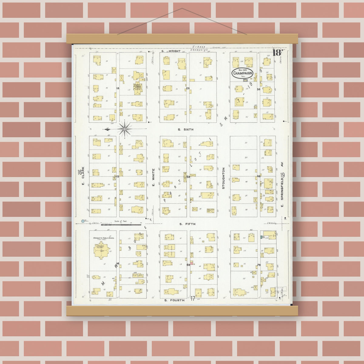 Old map wall art mockup — magnetic wood frame on brick wall — Sanborn Fire Insurance Map from Champaign, Champaign County, Illinois (1909), Sheet #0018