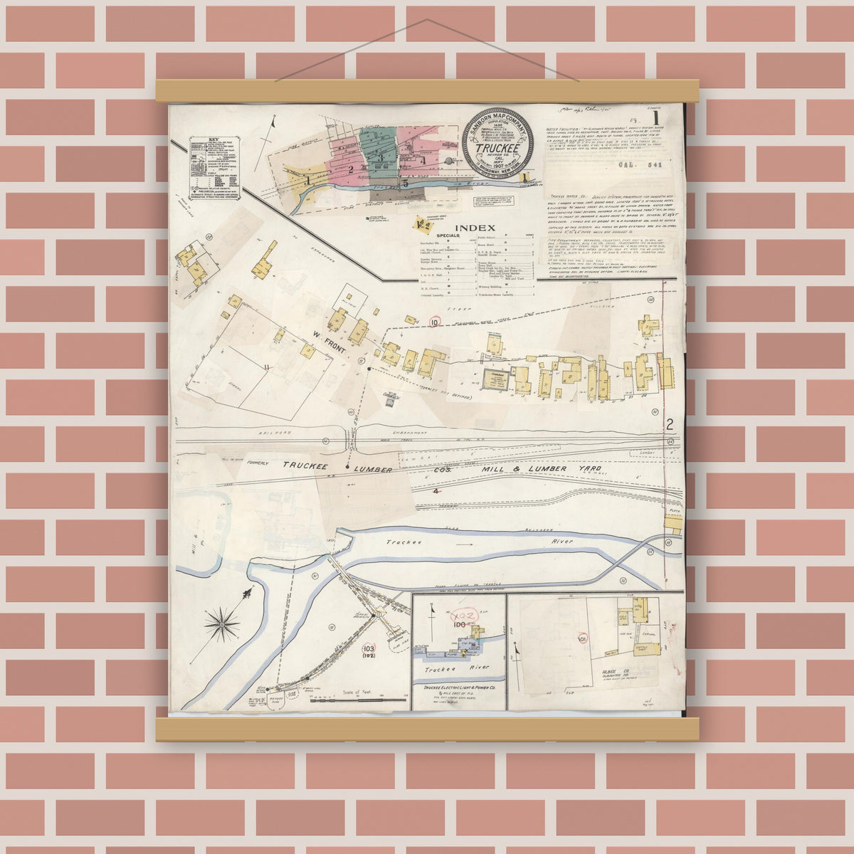 Old map wall art mockup — magnetic wood frame on brick wall — Sanborn Fire Insurance Map from Truckee, Nevada County, California (1933) - Complete Map Set