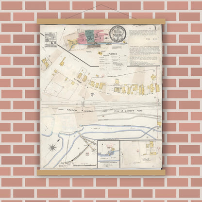 Old map wall art mockup — magnetic wood frame on brick wall — Sanborn Fire Insurance Map from Truckee, Nevada County, California (1933) - Complete Map Set