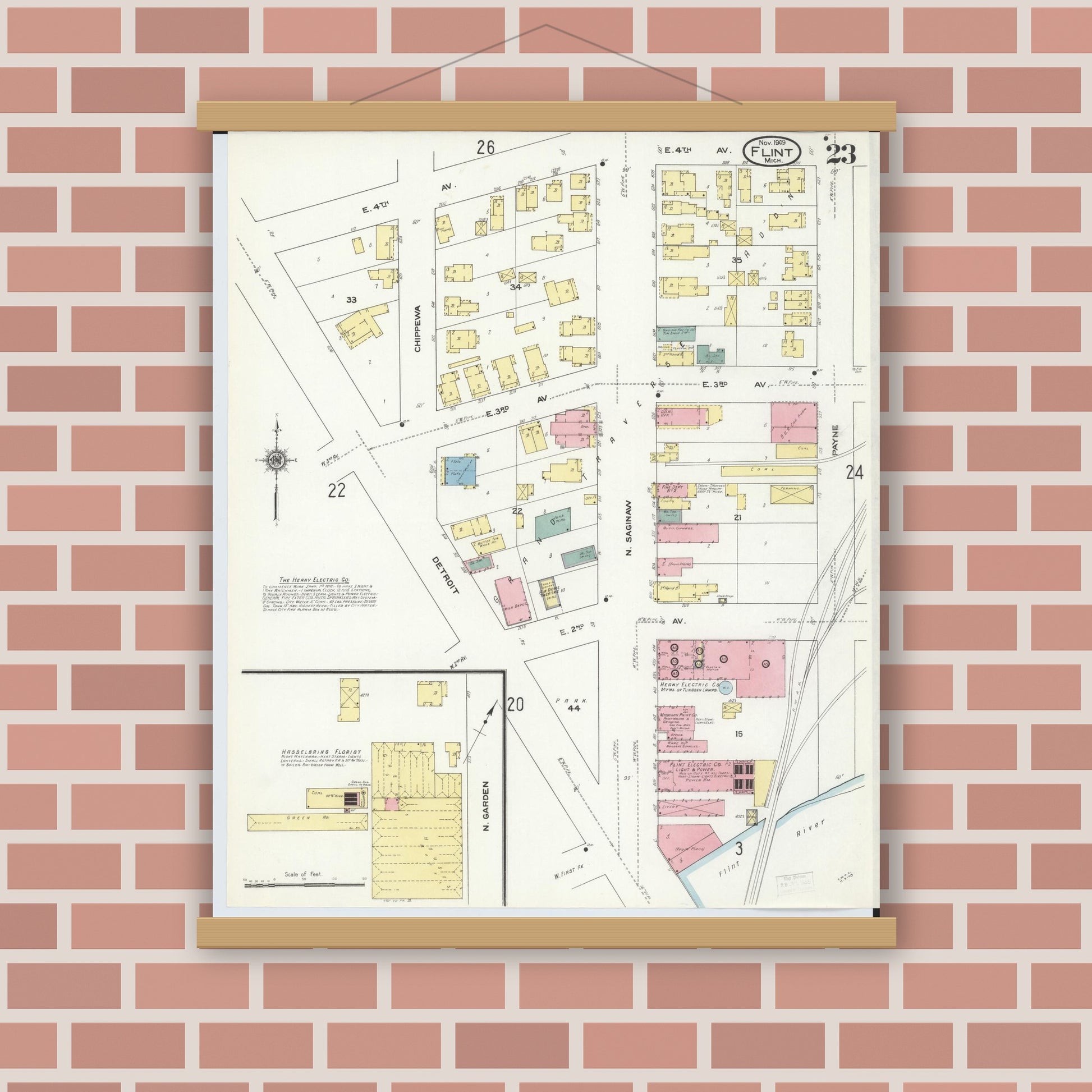 Old map wall art mockup — magnetic wood frame on brick wall — Sanborn Fire Insurance Map from Flint, Genesee County, Michigan (1909), Sheet #0023