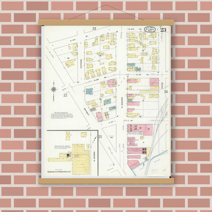 Old map wall art mockup — magnetic wood frame on brick wall — Sanborn Fire Insurance Map from Flint, Genesee County, Michigan (1909), Sheet #0023