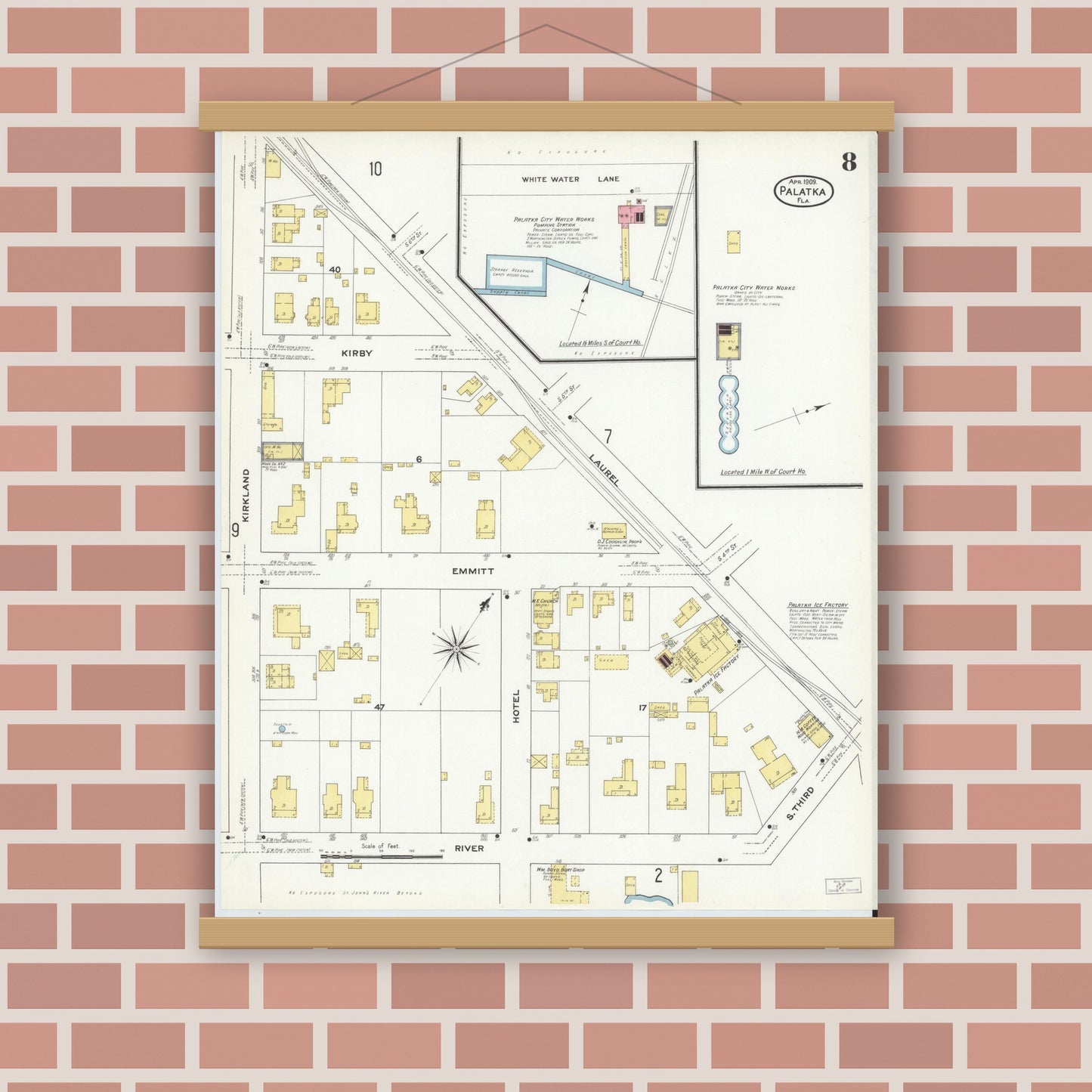 Old map wall art mockup — magnetic wood frame on brick wall — Sanborn Fire Insurance Map from Palatka, Putnam County, Florida (1909), Sheet #0008