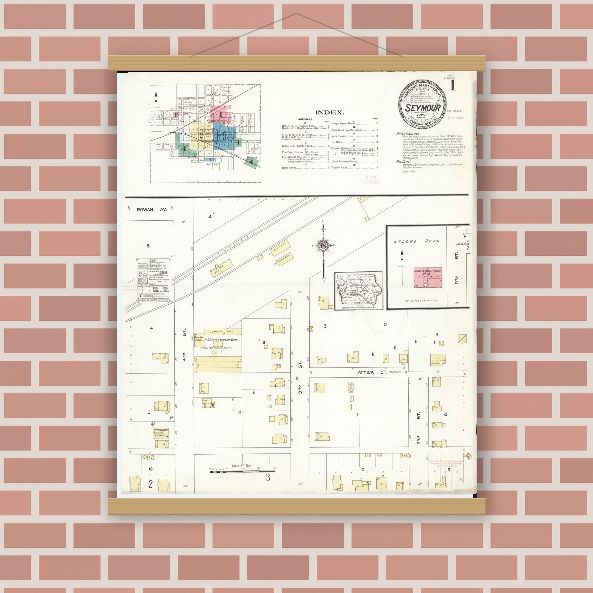 Old map wall art mockup — magnetic wood frame on brick wall — Sanborn Fire Insurance Map from Seymour, Wayne County, Iowa (1913) â€” Complete Set