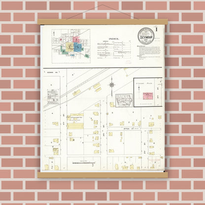 Old map wall art mockup — magnetic wood frame on brick wall — Sanborn Fire Insurance Map from Seymour, Wayne County, Iowa (1913) â€” Complete Set