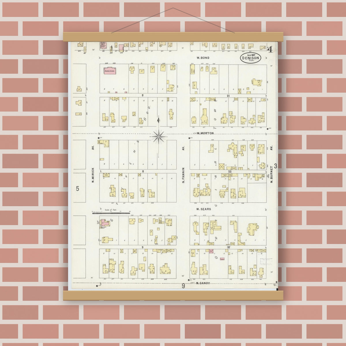 Old map wall art mockup — magnetic wood frame on brick wall — Sanborn Fire Insurance Map from Denison, Grayson County, Texas (1897), Sheet #0004