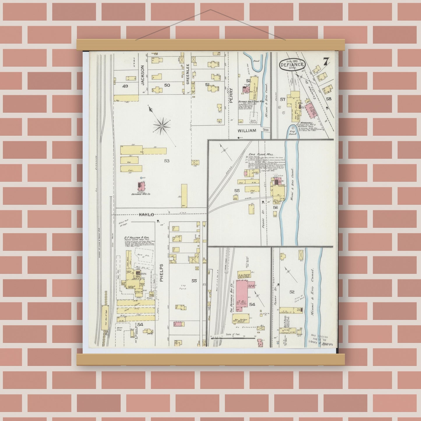 Old map wall art mockup — magnetic wood frame on brick wall — Sanborn Fire Insurance Map from Defiance, Defiance County, Ohio (1893), Sheet #0007