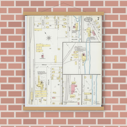 Old map wall art mockup — magnetic wood frame on brick wall — Sanborn Fire Insurance Map from Defiance, Defiance County, Ohio (1893), Sheet #0007