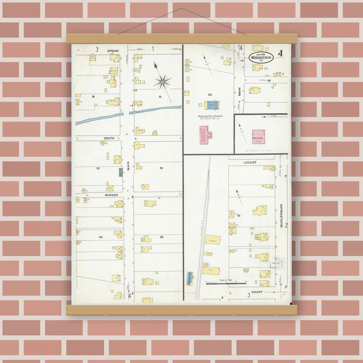 Old map wall art mockup — magnetic wood frame on brick wall — Sanborn Fire Insurance Map from Woodstock, Shenandoah County, Virginia (1909), Sheet #0004