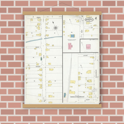 Old map wall art mockup — magnetic wood frame on brick wall — Sanborn Fire Insurance Map from Woodstock, Shenandoah County, Virginia (1909), Sheet #0004