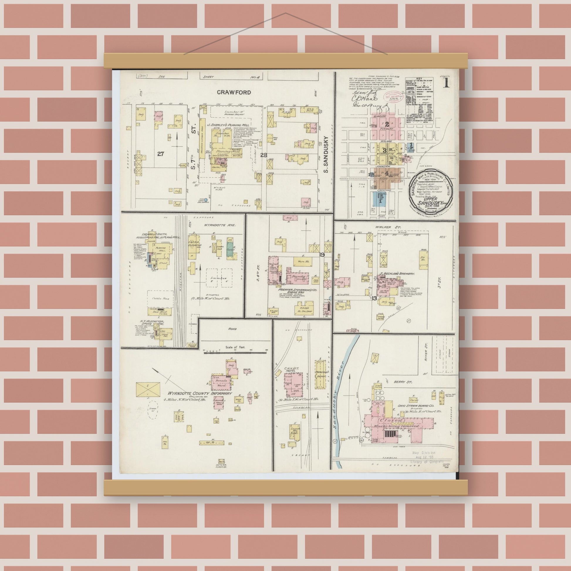 Old map wall art mockup — magnetic wood frame on brick wall — Sanborn Fire Insurance Map from Upper Sandusky, Wyandot County, Ohio (1888) - Complete Map Set