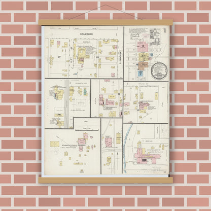 Old map wall art mockup — magnetic wood frame on brick wall — Sanborn Fire Insurance Map from Upper Sandusky, Wyandot County, Ohio (1888) - Complete Map Set