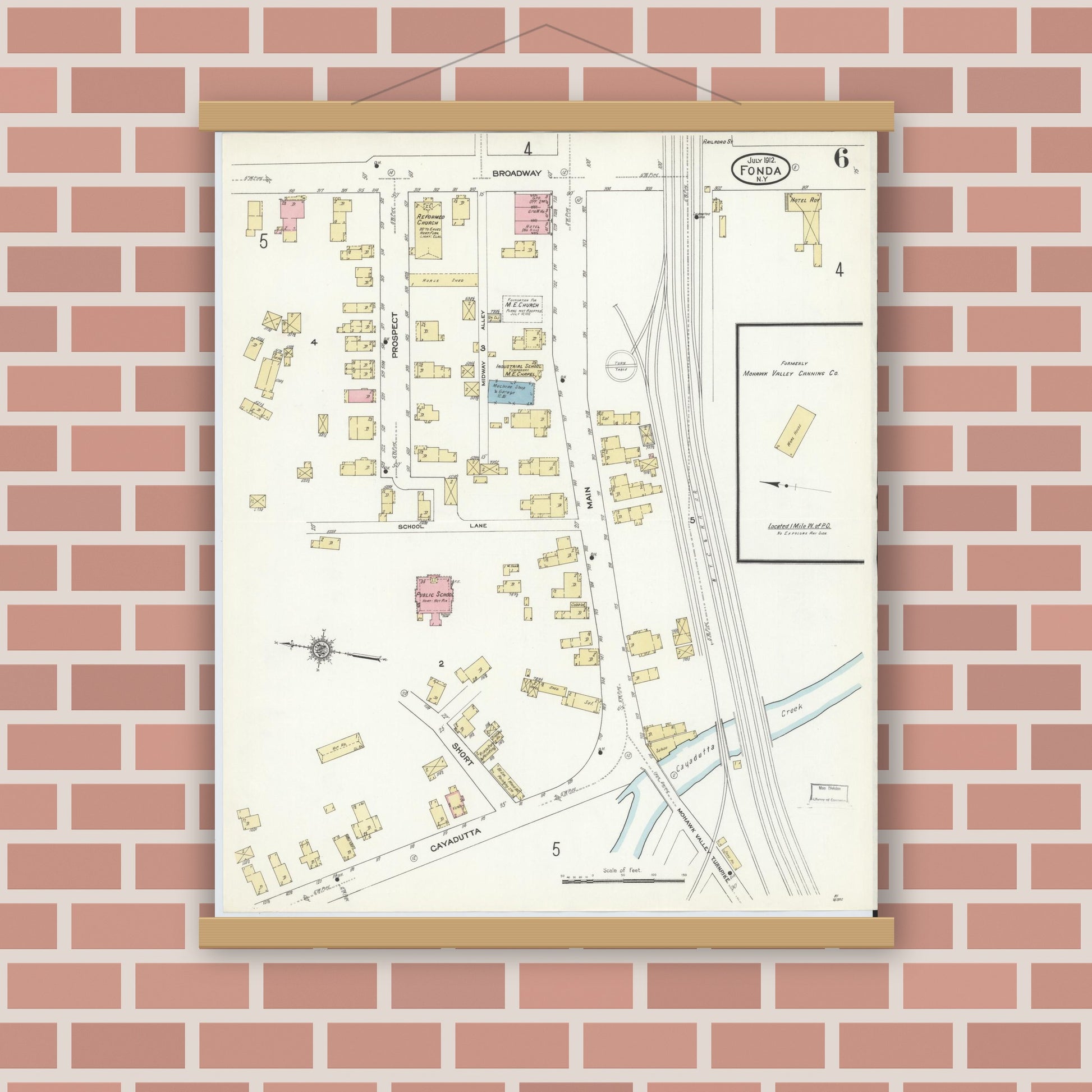 Old map wall art mockup — magnetic wood frame on brick wall — Sanborn Fire Insurance Map from Fonda, Montgomery County, New York (1912), Sheet #0006