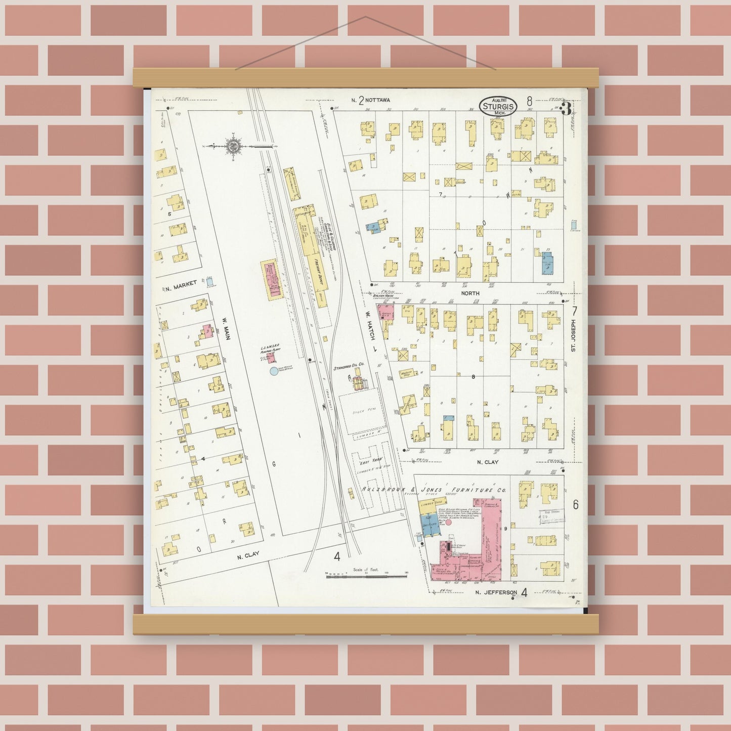 Old map wall art mockup — magnetic wood frame on brick wall — Sanborn Fire Insurance Map from Sturgis, Saint Joseph County, Michigan (1911), Sheet #0003