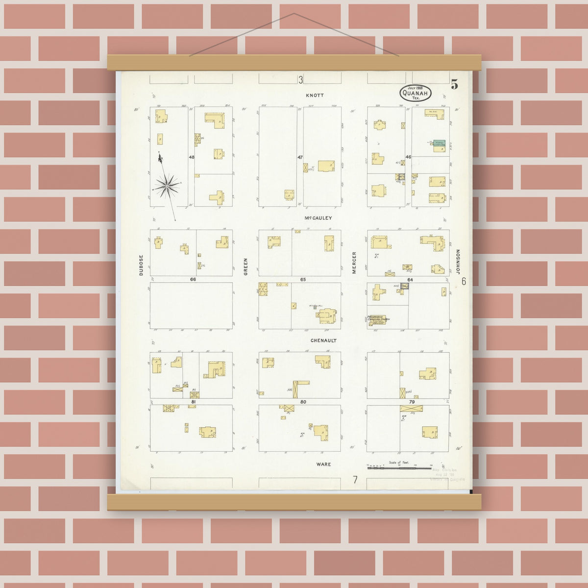Old map wall art mockup — magnetic wood frame on brick wall — Sanborn Fire Insurance Map from Quanah, Hardeman County, Texas (1908), Sheet #0005