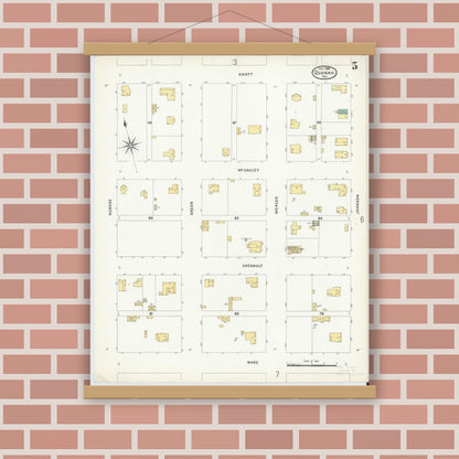 Old map wall art mockup — magnetic wood frame on brick wall — Sanborn Fire Insurance Map from Quanah, Hardeman County, Texas (1908), Sheet #0005