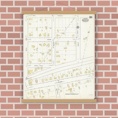 Old map wall art mockup — magnetic wood frame on brick wall — Sanborn Fire Insurance Map from Batavia, Kane County, Illinois (1916), Sheet #0010
