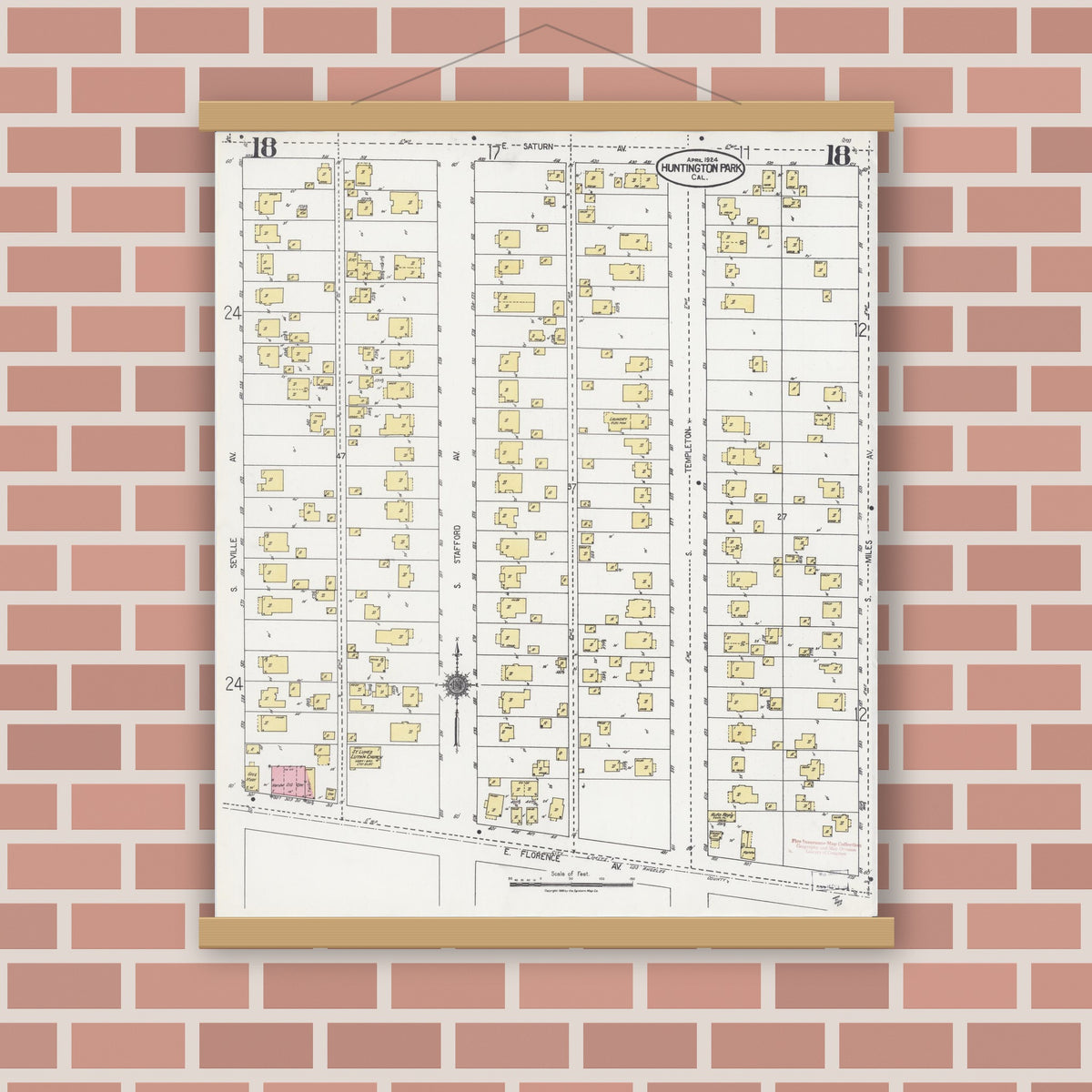 Old map wall art mockup — magnetic wood frame on brick wall — Sanborn Fire Insurance Map from Huntington Park, Los Angeles County, California (1924), Sheet #0018