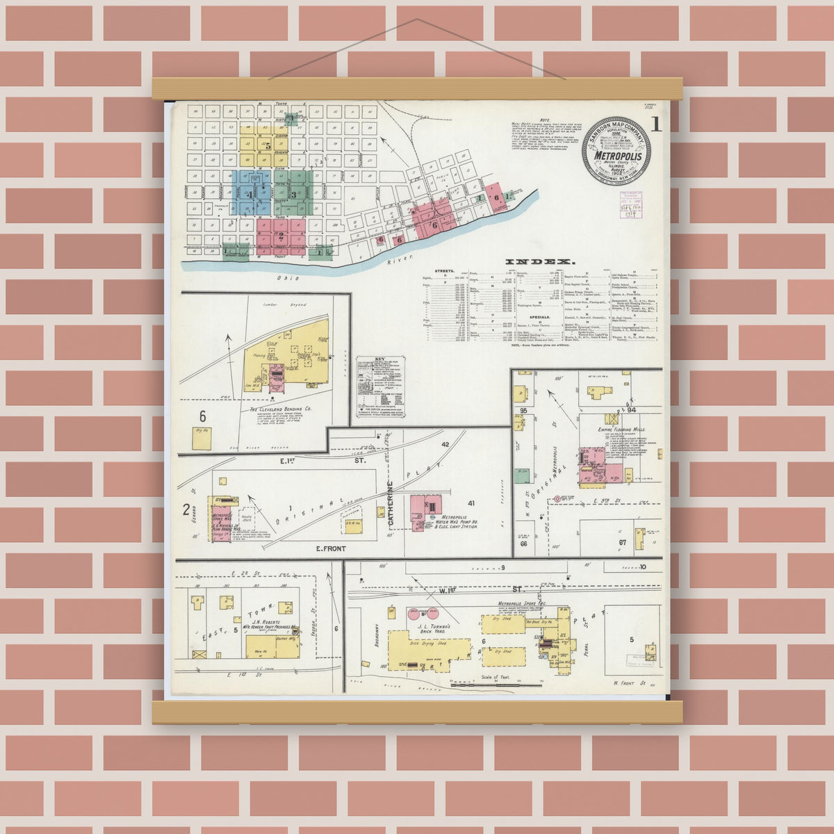 Old map wall art mockup — magnetic wood frame on brick wall — Sanborn Fire Insurance Map from Metropolis, Massac County, Illinois (1902) - Complete Map Set