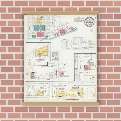 Old map wall art mockup — magnetic wood frame on brick wall — Sanborn Fire Insurance Map from Metropolis, Massac County, Illinois (1902) - Complete Map Set