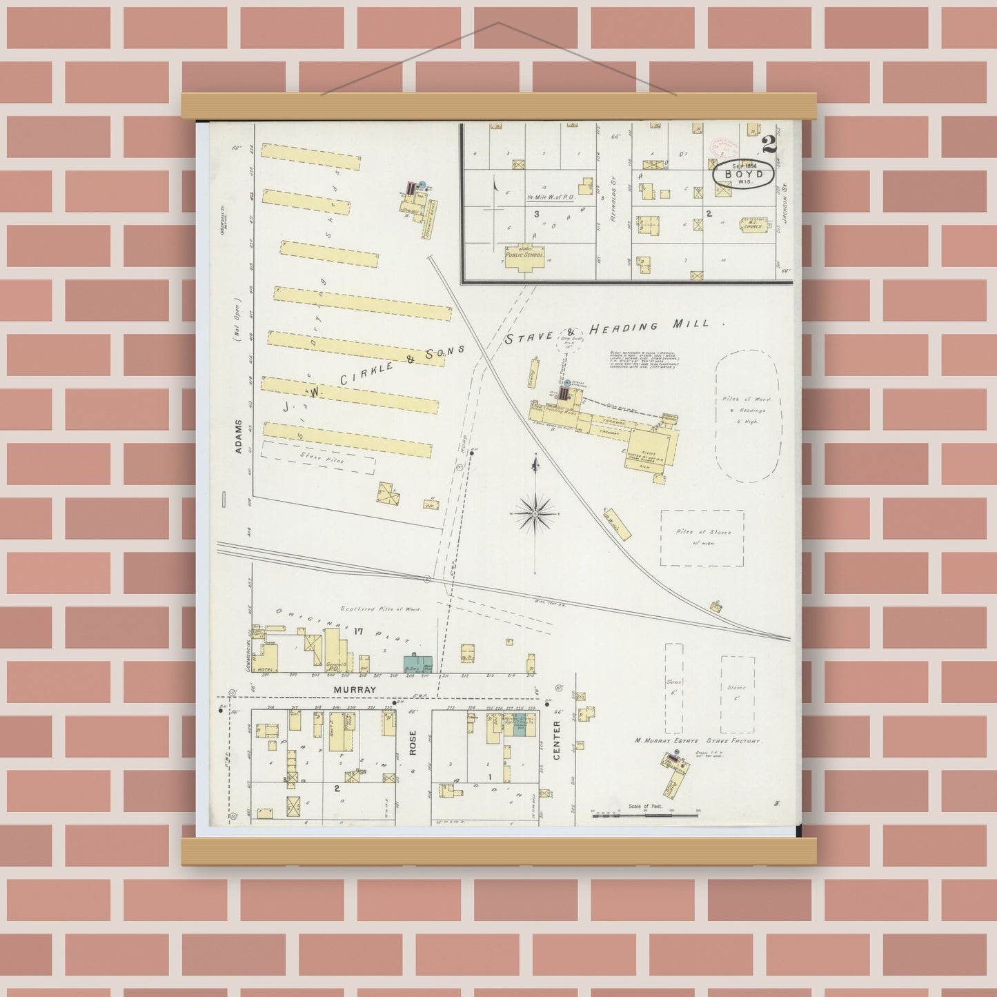 Old map wall art mockup — magnetic wood frame on brick wall — Sanborn Fire Insurance Map from Boyd, Chippewa County, Wisconsin (1894), Sheet #0002