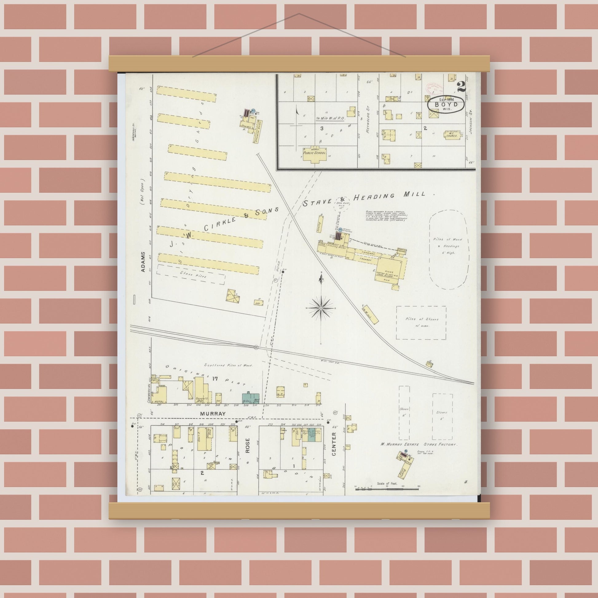 Old map wall art mockup — magnetic wood frame on brick wall — Sanborn Fire Insurance Map from Boyd, Chippewa County, Wisconsin (1894), Sheet #0002
