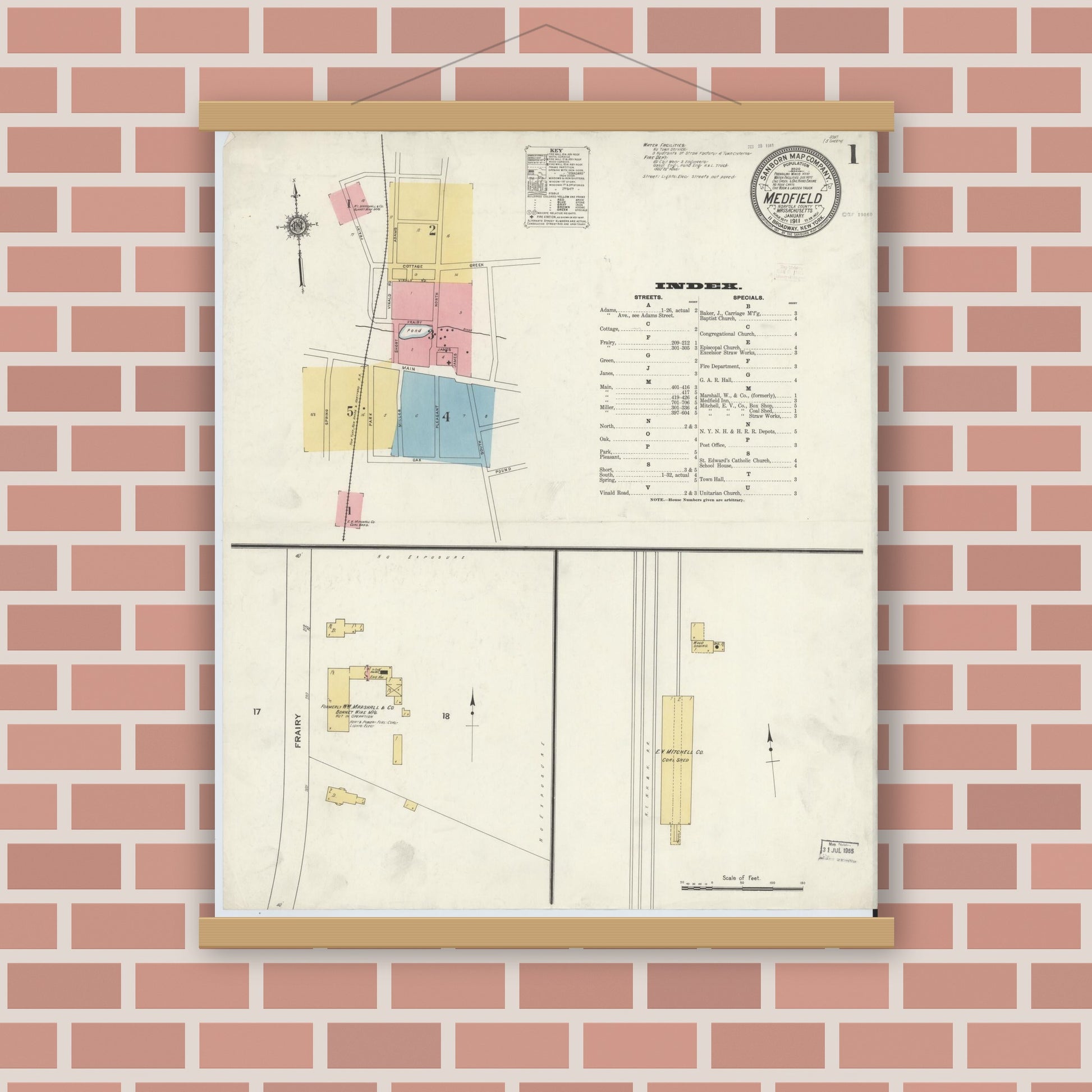 Old map wall art mockup — magnetic wood frame on brick wall — Sanborn Fire Insurance Map from Medfield, Norfolk County, Massachusetts (1911) - Complete Map Set