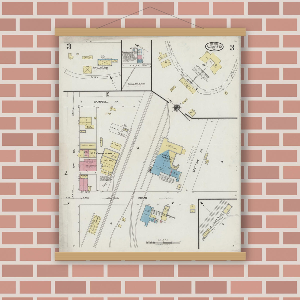 Old map wall art mockup — magnetic wood frame on brick wall — Sanborn Fire Insurance Map from Altavista, Campbell County, Virginia (1925), Sheet #0003
