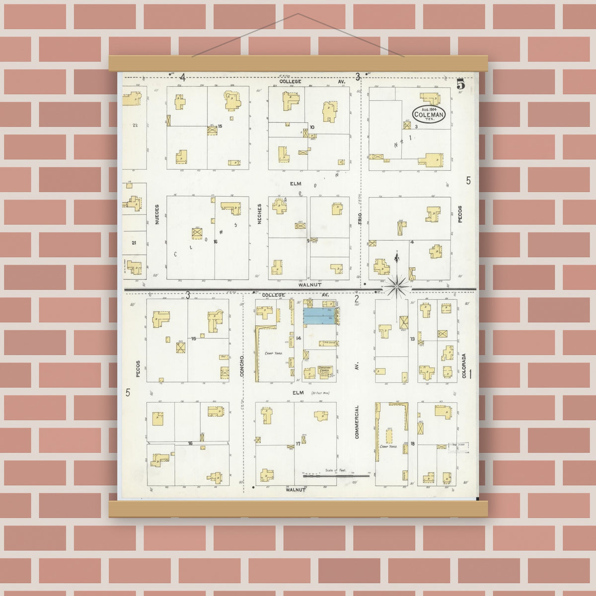Old map wall art mockup — magnetic wood frame on brick wall — Sanborn Fire Insurance Map from Coleman, Coleman County, Texas (1904), Sheet #0005