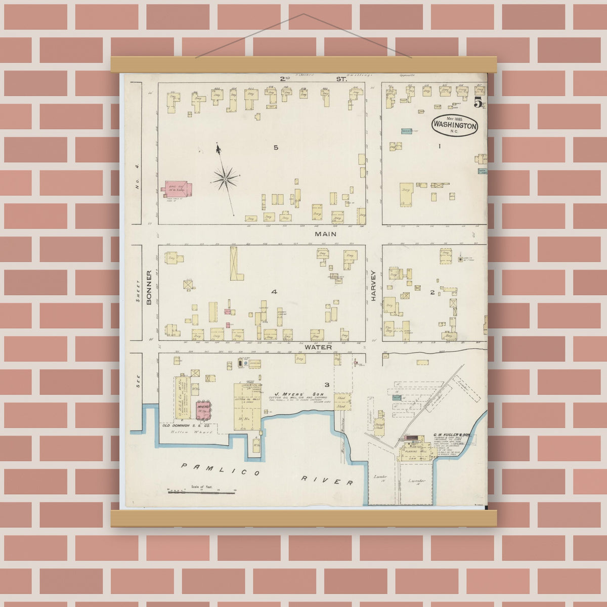 Old map wall art mockup — magnetic wood frame on brick wall — Sanborn Fire Insurance Map from Washington, Beaufort County, North Carolina (1885), Sheet #0005