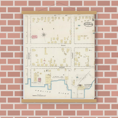 Old map wall art mockup — magnetic wood frame on brick wall — Sanborn Fire Insurance Map from Washington, Beaufort County, North Carolina (1885), Sheet #0005