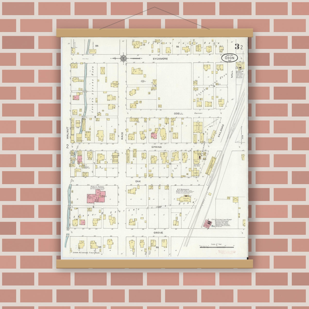 Old map wall art mockup — magnetic wood frame on brick wall — Sanborn Fire Insurance Map from Odon, Daviess County, Indiana (1913), Sheet #0003