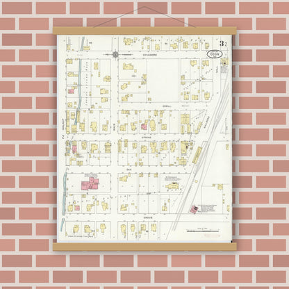 Old map wall art mockup — magnetic wood frame on brick wall — Sanborn Fire Insurance Map from Odon, Daviess County, Indiana (1913), Sheet #0003