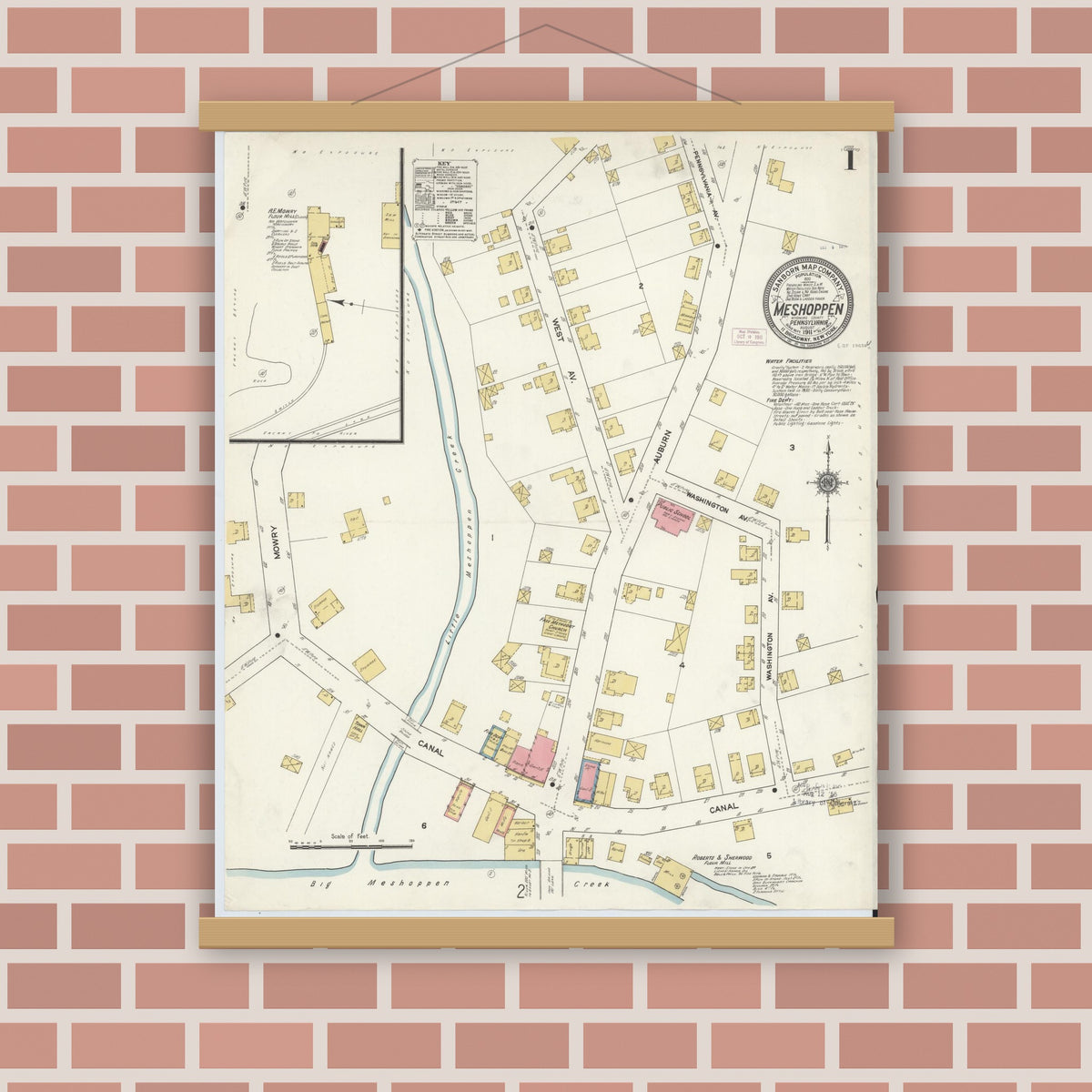 Old map wall art mockup — magnetic wood frame on brick wall — Sanborn Fire Insurance Map from Meshoppen, Wyoming County, Pennsylvania (1911), Sheet #0001