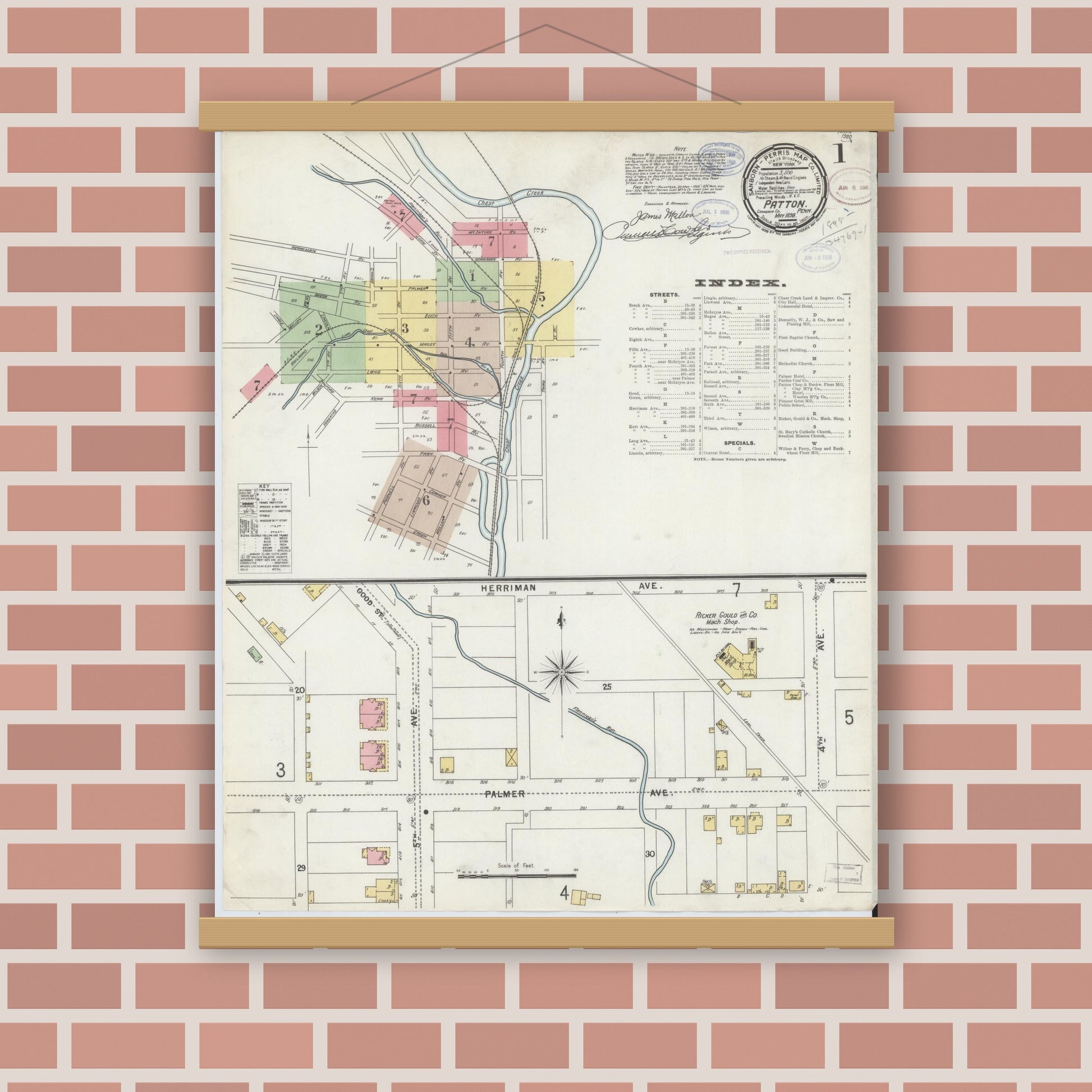 Old map wall art mockup — magnetic wood frame on brick wall — Sanborn Fire Insurance Map from Patton, Cambria County, Pennsylvania (1898) - Complete Map Set