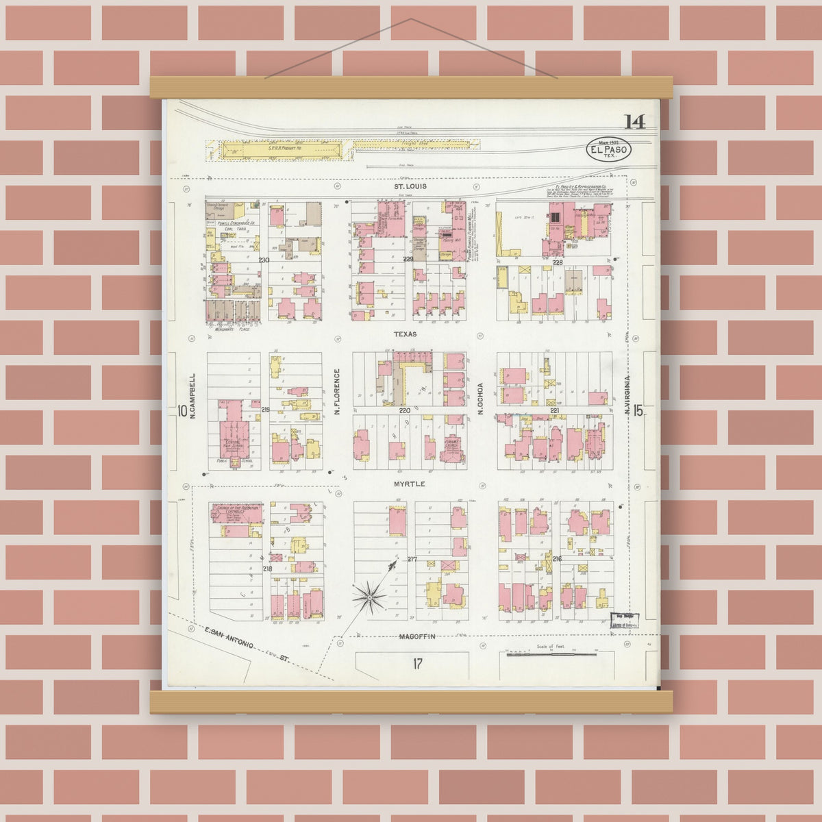Old map wall art mockup — magnetic wood frame on brick wall — Sanborn Fire Insurance Map from El Paso, El Paso County, Texas (1902), Sheet #0014