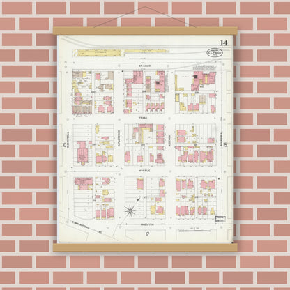 Old map wall art mockup — magnetic wood frame on brick wall — Sanborn Fire Insurance Map from El Paso, El Paso County, Texas (1902), Sheet #0014