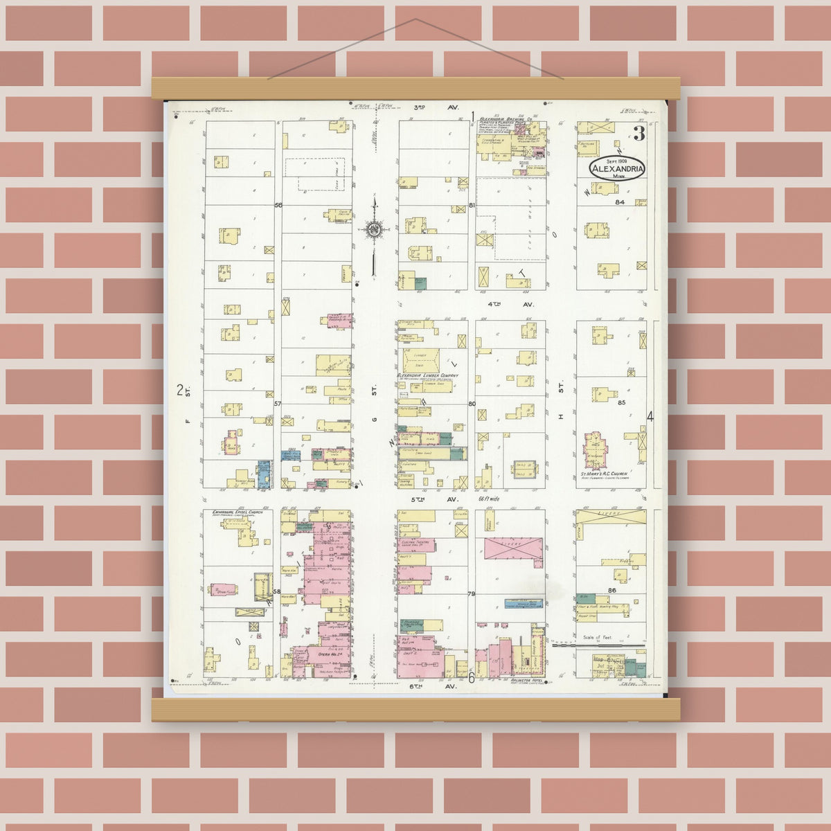Old map wall art mockup — magnetic wood frame on brick wall — Sanborn Fire Insurance Map from Alexandria, Douglas County, Minnesota (1909), Sheet #0003