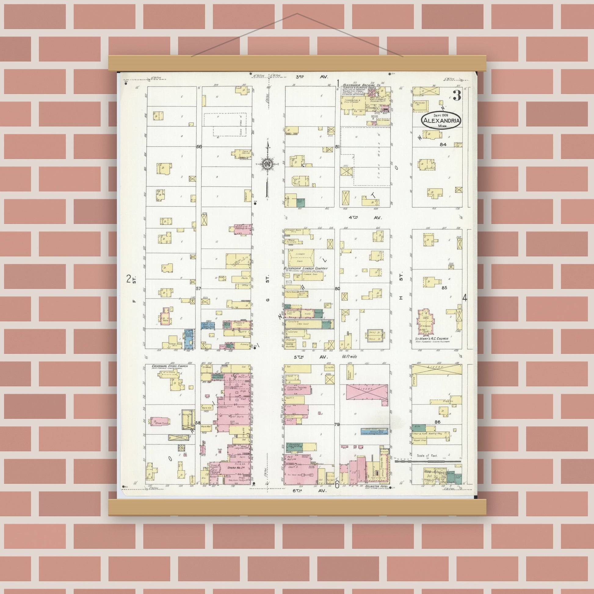 Old map wall art mockup — magnetic wood frame on brick wall — Sanborn Fire Insurance Map from Alexandria, Douglas County, Minnesota (1909), Sheet #0003