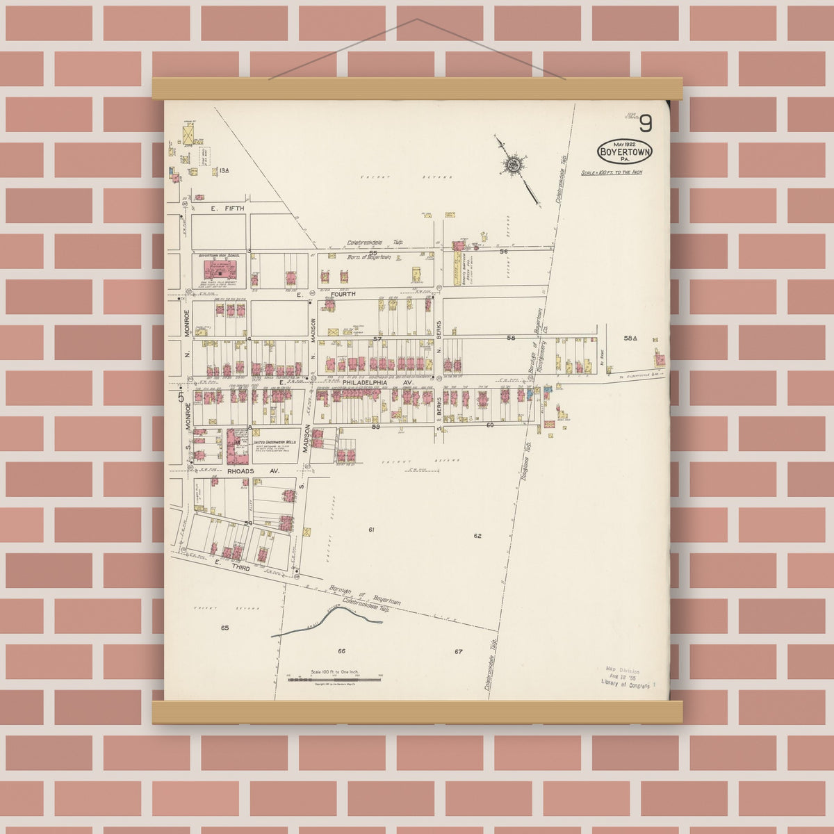 Old map wall art mockup — magnetic wood frame on brick wall — Sanborn Fire Insurance Map from Boyertown, Berks County, Pennsylvania (1922), Sheet #0009
