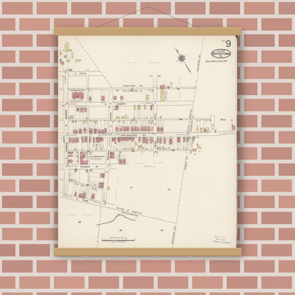 Old map wall art mockup — magnetic wood frame on brick wall — Sanborn Fire Insurance Map from Boyertown, Berks County, Pennsylvania (1922), Sheet #0009