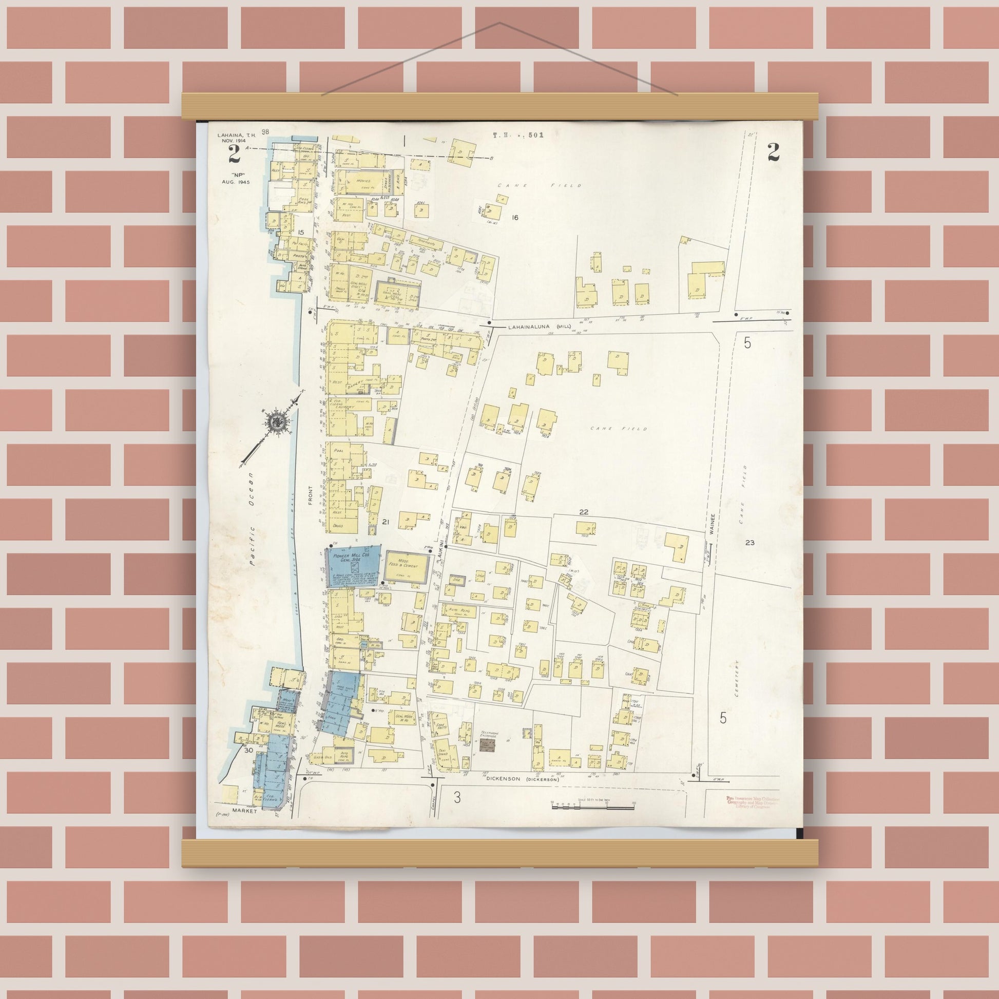 Old map wall art mockup — magnetic wood frame on brick wall — Sanborn Fire Insurance Map from Lahaina, Maui County, Hawaii (1950), Sheet #0002